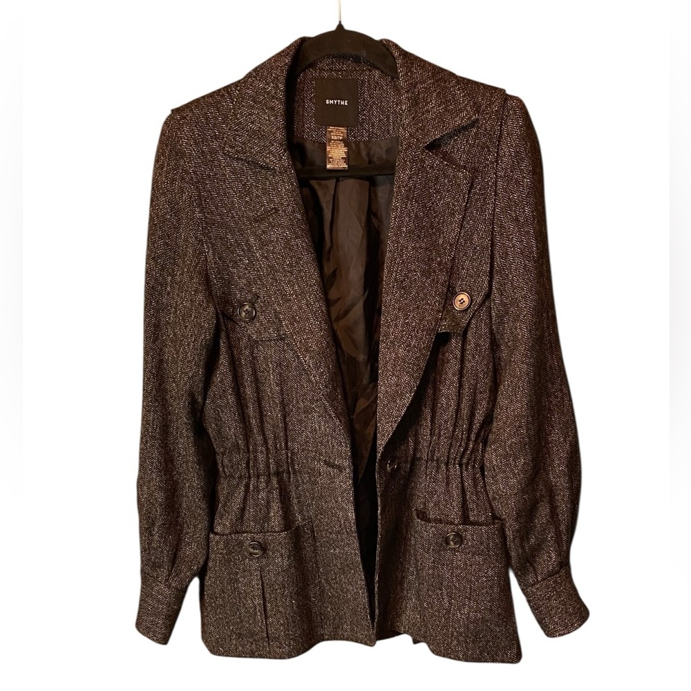SMYTHE Spencer Jacket XS Black Donegal Herringbone Leather Elbow Patch Blazer - Picture 7 of 12